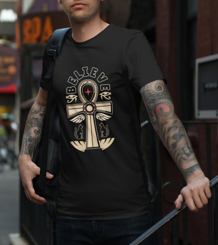 Believe Faith Ankh Symbol With Cats And Wings T-Shirt