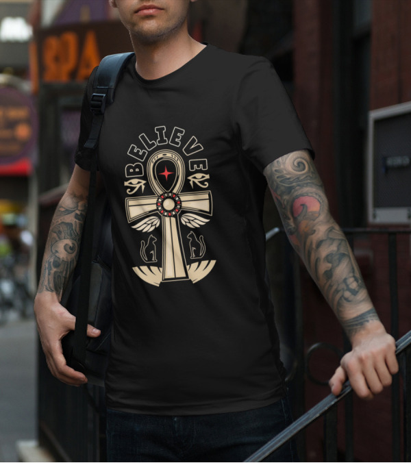Believe Faith Ankh Symbol With Cats And Wings T-Shirt
