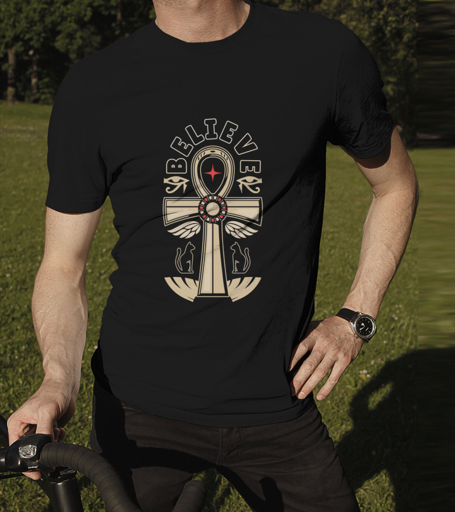 Believe Faith Ankh Symbol With Cats And Wings T-Shirt