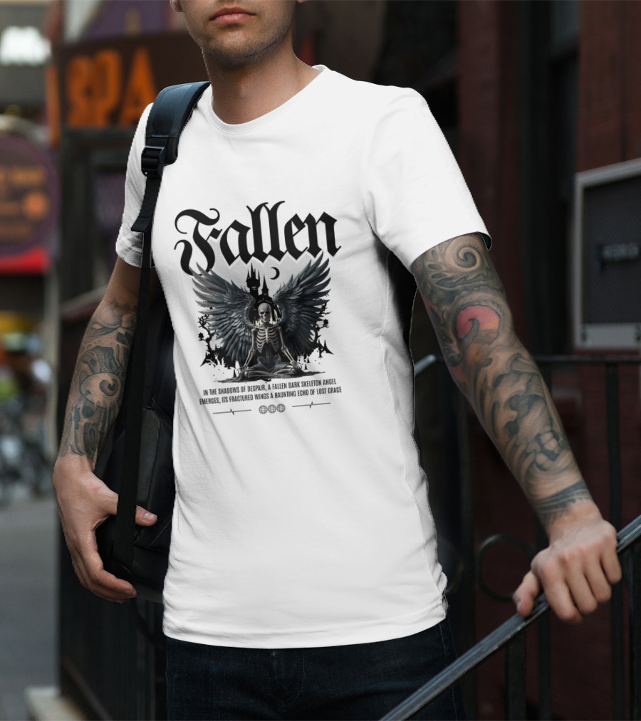 Fallen Dark Skeleton Angel With Fractured Wings And Gothic Castle T-Shirt