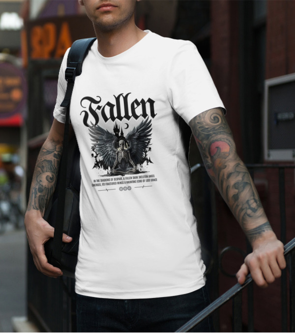 Fallen Dark Skeleton Angel With Fractured Wings And Gothic Castle T-Shirt