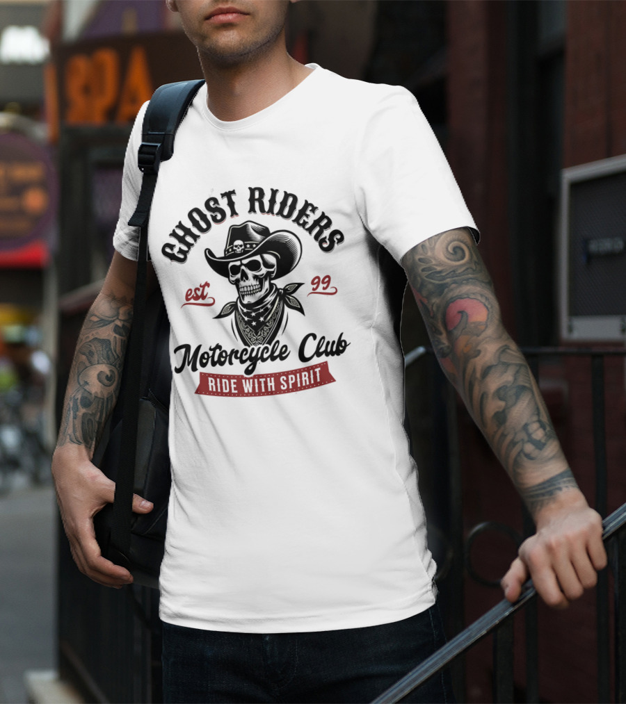 Ghost Riders Cowboy Skull Motorcycle Club Ride With Spirit Est 99 T-Shirt