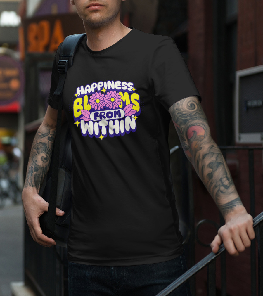Happiness Blooms From Within With Pink Flowers And Yellow Stars T-Shirt