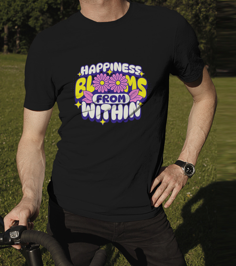 Happiness Blooms From Within With Pink Flowers And Yellow Stars T-Shirt