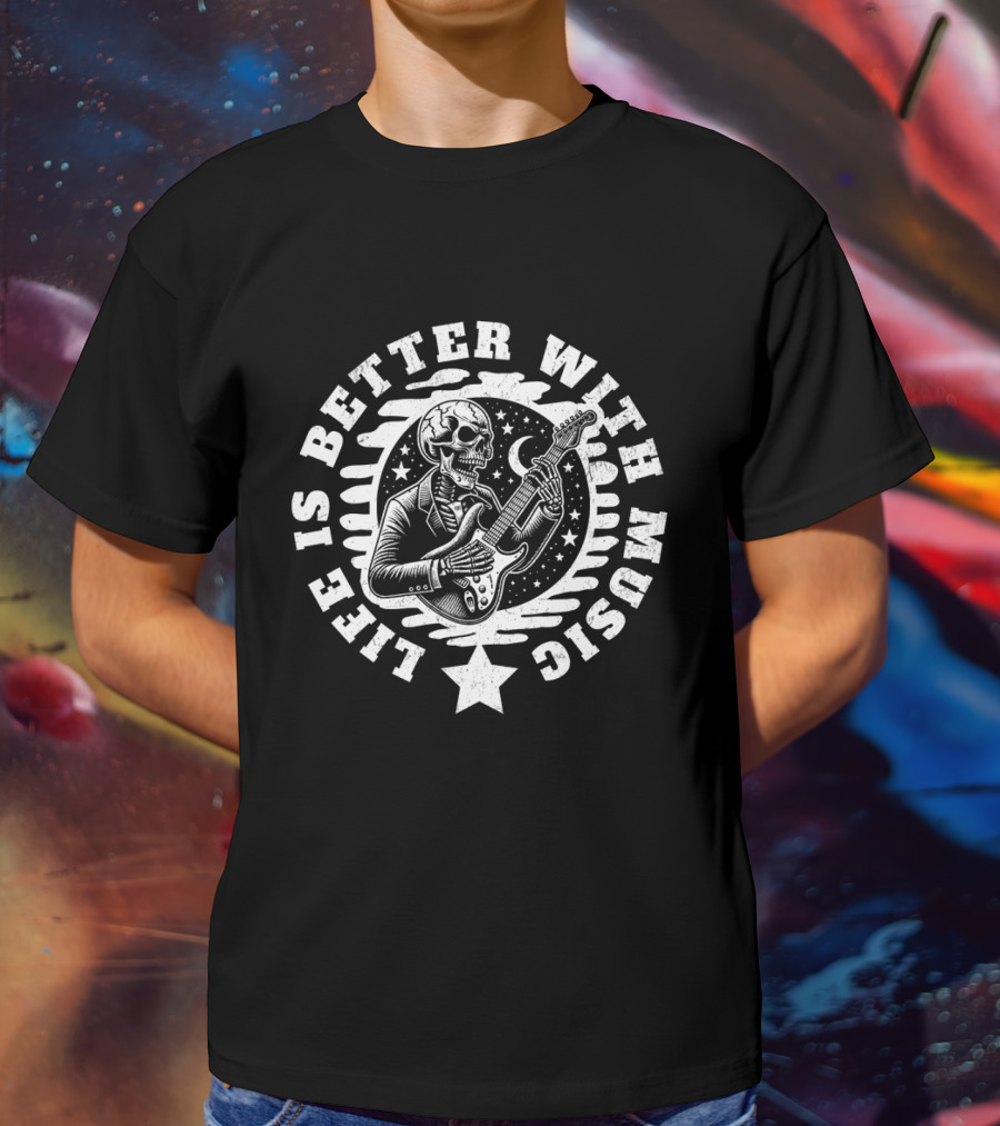 Life Is Better With Music Skeleton Guitar Moon And Stars T-Shirt