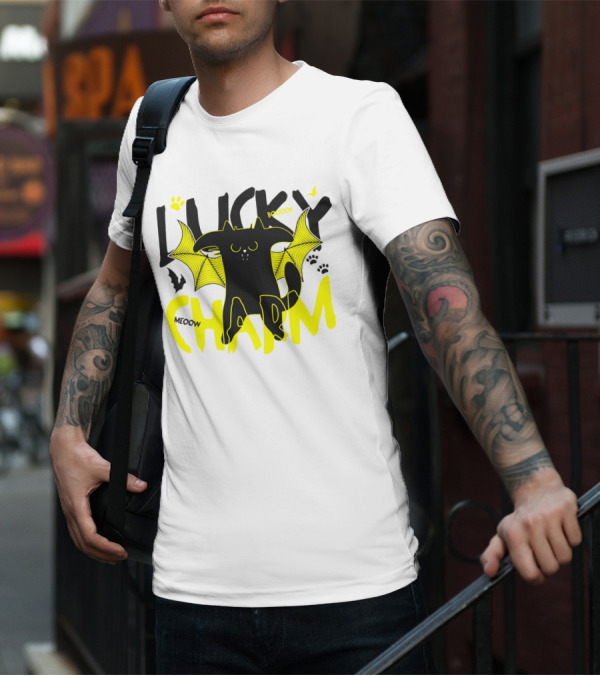 LUCKY CHARM Meow Boooo Bat Wings Cat Paw Prints T-Shirt