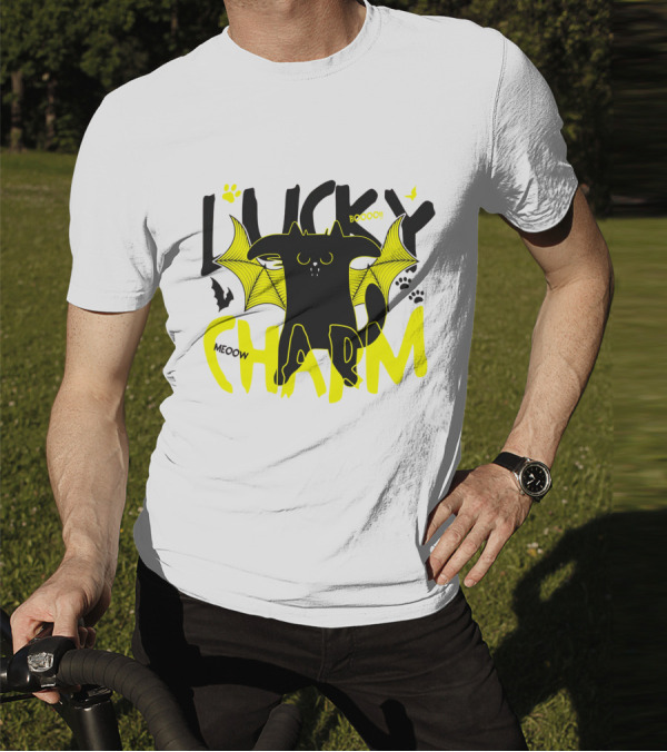 LUCKY CHARM Meow Boooo Bat Wings Cat Paw Prints T-Shirt