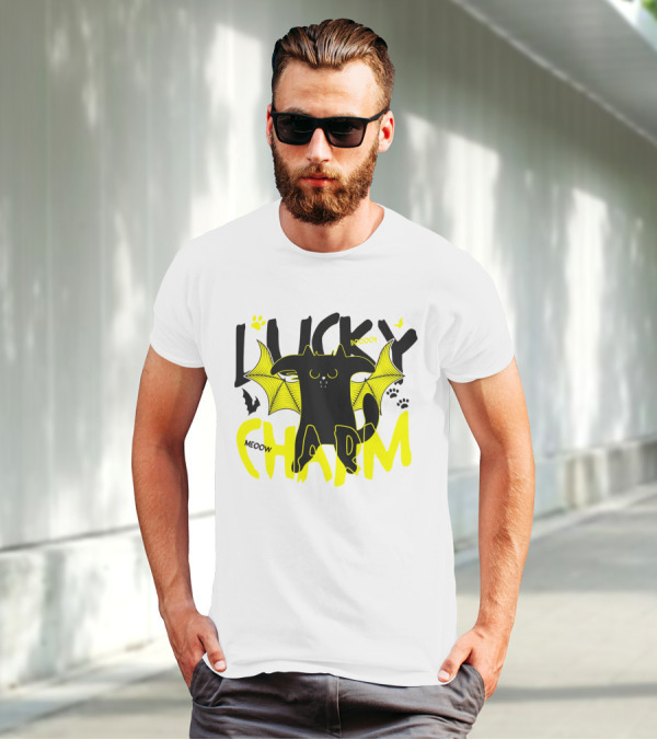 LUCKY CHARM Meow Boooo Bat Wings Cat Paw Prints T-Shirt