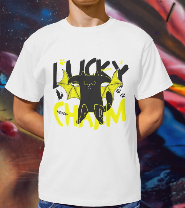 LUCKY CHARM Meow Boooo Bat Wings Cat Paw Prints T-Shirt