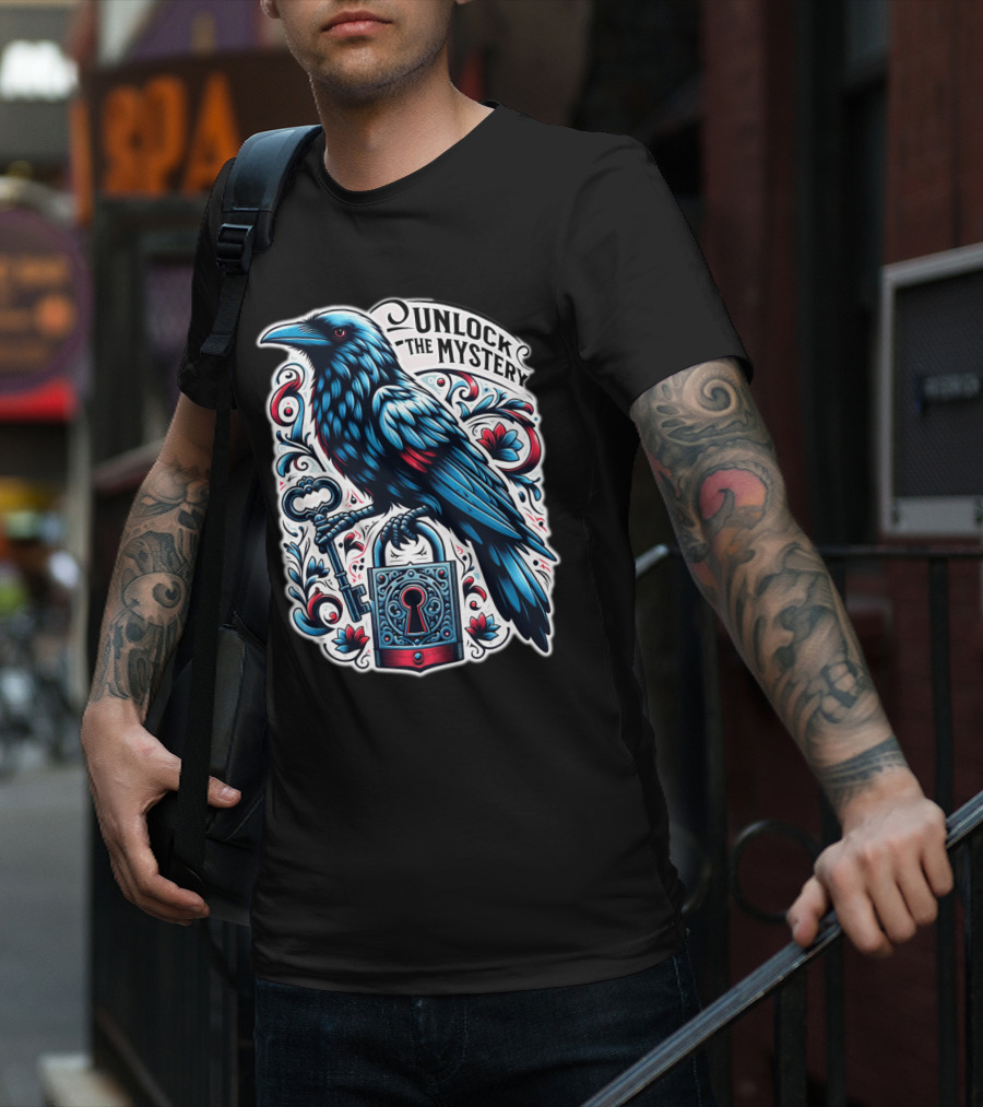 Unlock The Mystery Raven Holding Key And Lock With Ornate Floral T-Shirt