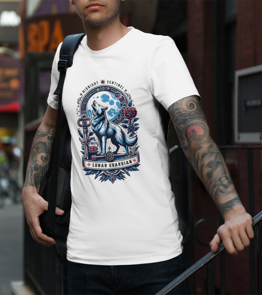 Midnight Sentinel Lunar Guardian Key And Roses Howling Wolf Moon T-Shirt