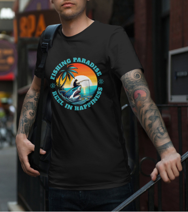 Fishing Paradise Reel In Happiness Sunset Shark Adventure T-Shirt
