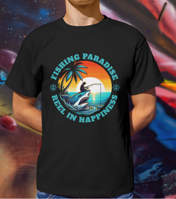 Fishing Paradise Reel In Happiness Sunset Shark Adventure T-Shirt