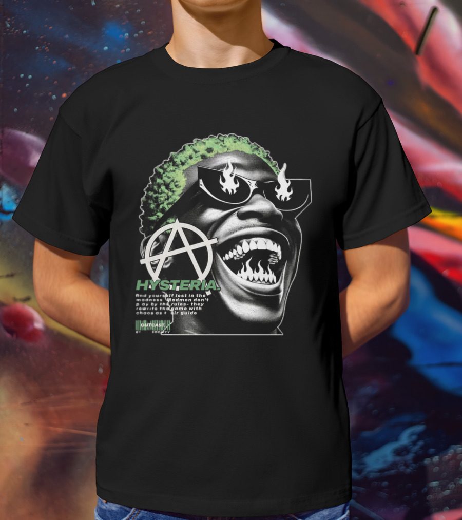 Hysteria Outcast Society Anarchy Flames Green Hair Smiling Face T-Shirt