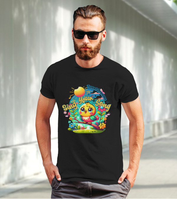 Tweet Dreams Sing Your Song Brightly-Colored Cartoon Bird And Musical Notes T-Shirt