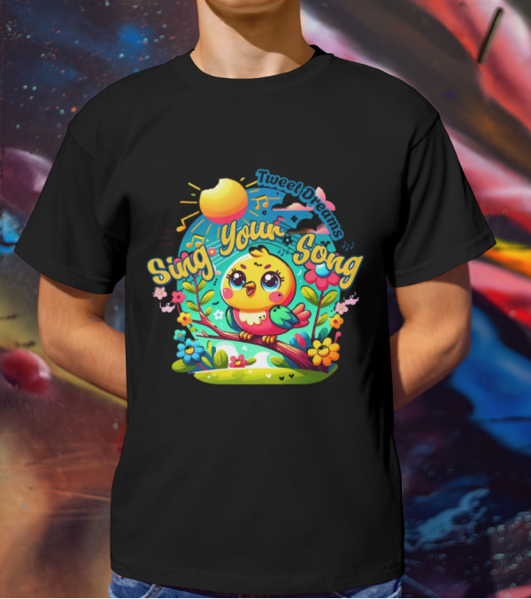 Tweet Dreams Sing Your Song Brightly-Colored Cartoon Bird And Musical Notes T-Shirt
