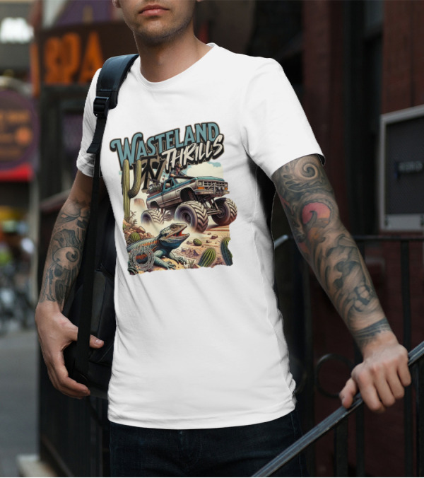 Wasteland Thrills Monster Truck Adventure With Lizard And Cactus Desert Scene T-Shirt