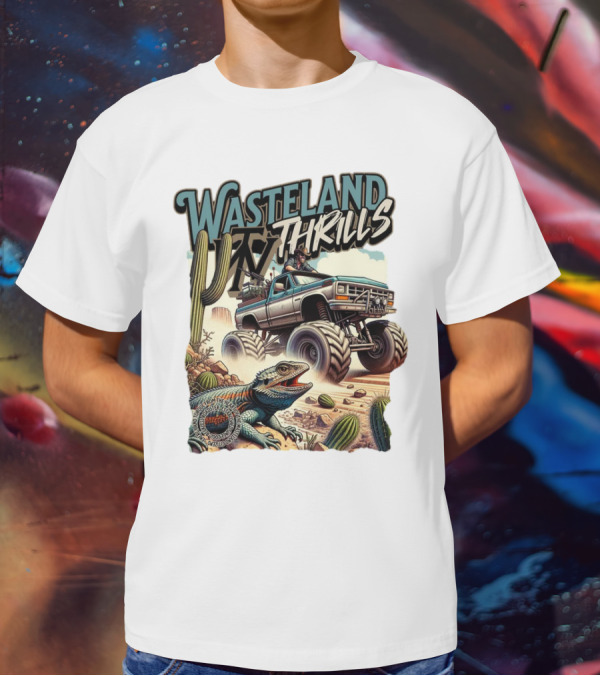 Wasteland Thrills Monster Truck Adventure With Lizard And Cactus Desert Scene T-Shirt