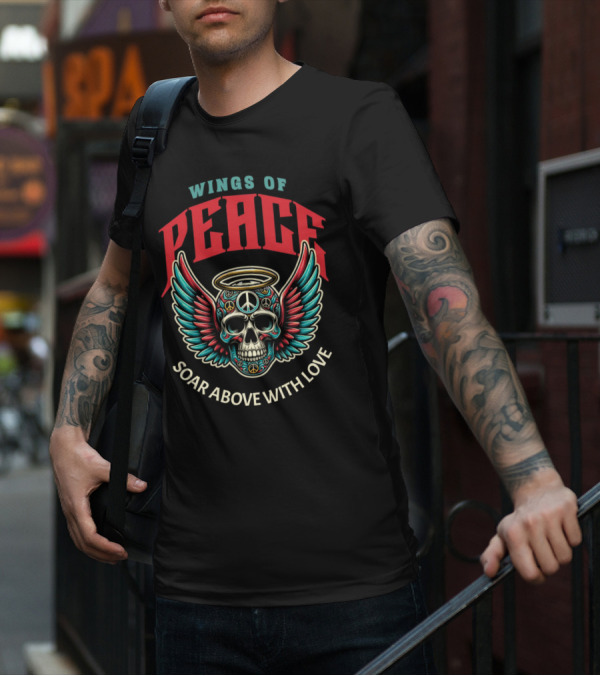 Wings Of Peace Soar Above With Love Peace Symbol Skull And Wings T-Shirt