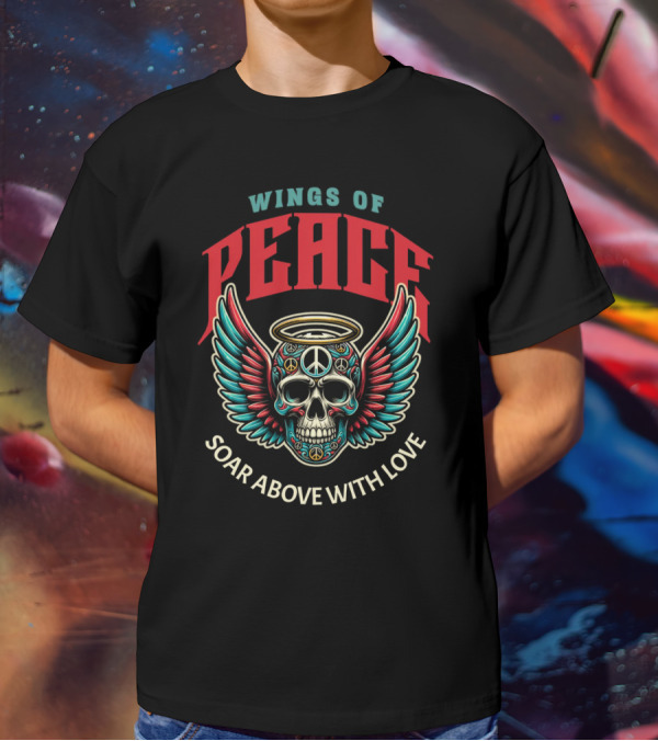 Wings Of Peace Soar Above With Love Peace Symbol Skull And Wings T-Shirt