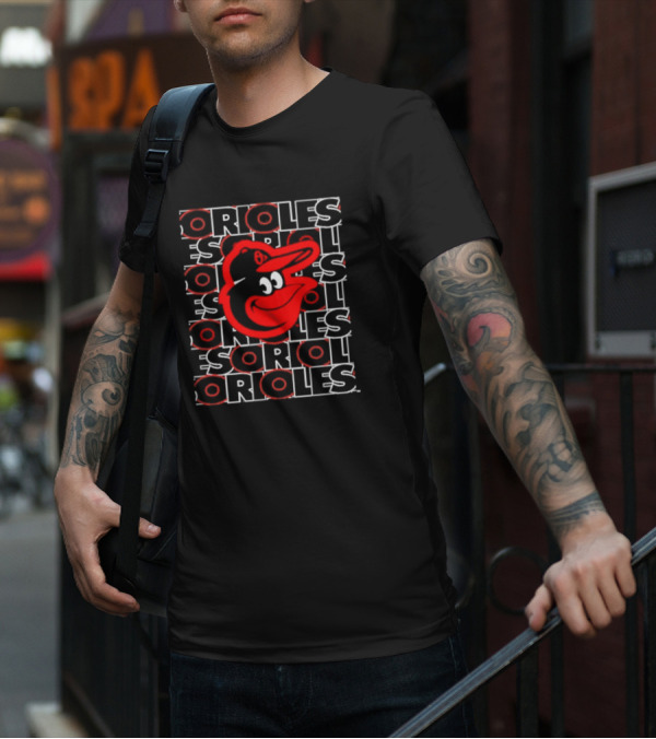 Orioles Iconic Bird Head With Repeated Orioles Text T-Shirt