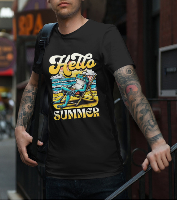 Hello Summer Frog Vintage Beach Scene T-Shirt