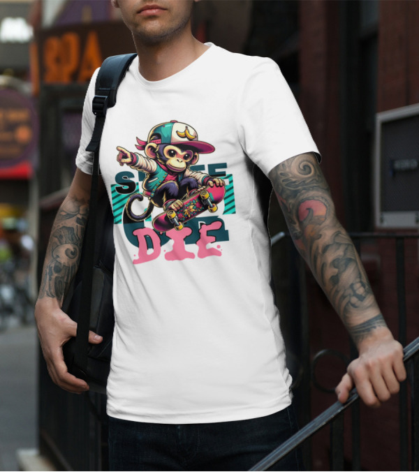 Skate Or Die Monkey On Skateboard With Cap And Jacket T-Shirt