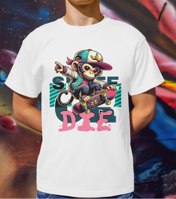 Skate Or Die Monkey On Skateboard With Cap And Jacket T-Shirt
