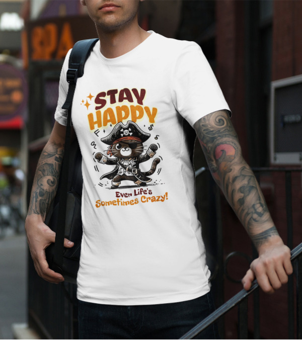 STAY HAPPY Even Life's Sometimes Crazy Pirate Cat T-Shirt