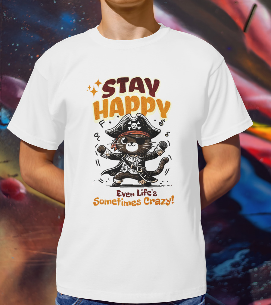 STAY HAPPY Even Life's Sometimes Crazy Pirate Cat T-Shirt
