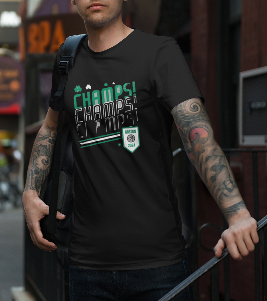 Boston Celtics ’24 Champs Champs Champs Basketball Shield T-Shirt