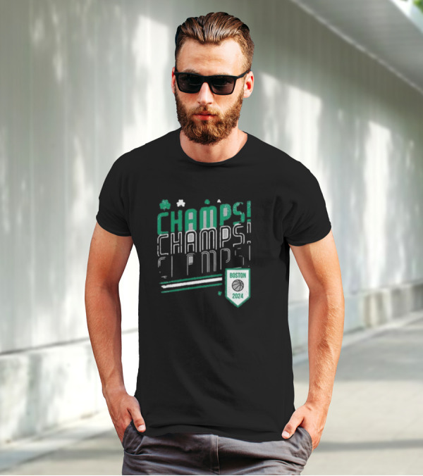 Boston Celtics ’24 Champs Champs Champs Basketball Shield T-Shirt