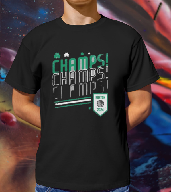 Boston Celtics ’24 Champs Champs Champs Basketball Shield T-Shirt