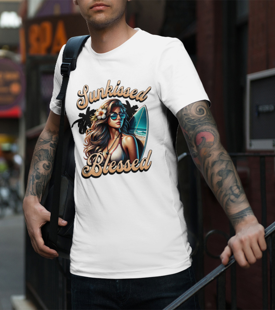 Sunkissed Blessed Surfer Girl In Sunglasses With Surfboard And Flower In Hair T-Shirt