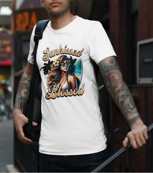 Sunkissed Blessed Surfer Girl In Sunglasses With Surfboard And Flower In Hair T-Shirt