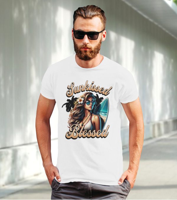 Sunkissed Blessed Surfer Girl In Sunglasses With Surfboard And Flower In Hair T-Shirt