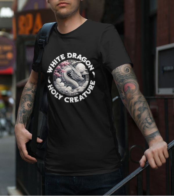 White Dragon Holy Creature Cherry Blossom Circular T-Shirt