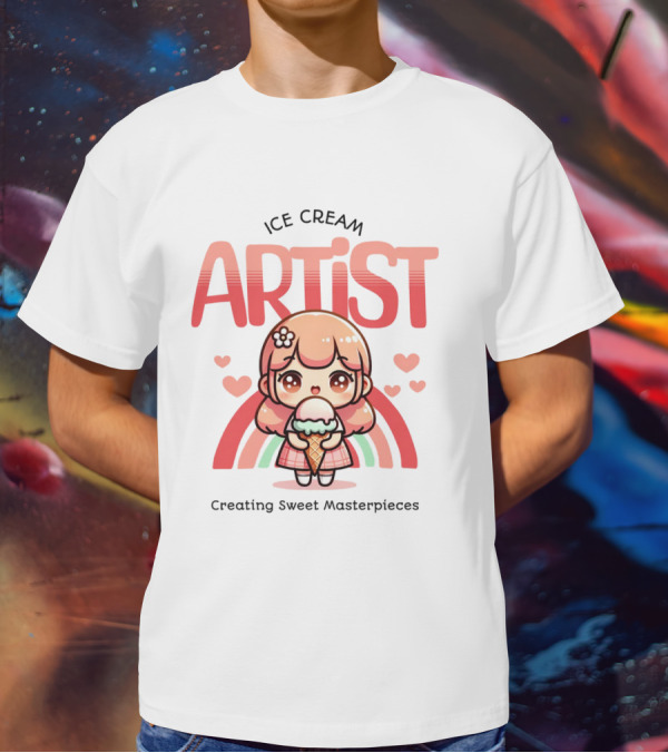 Ice Cream Artist Creating Sweet Masterpieces Kawaii Girl With Hearts And Rainbow T-Shirt