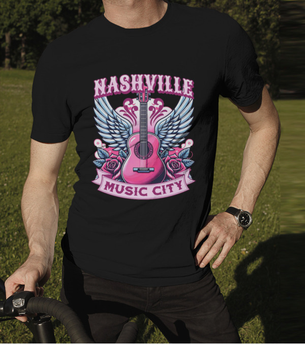 Nashville Music City Pink Guitar Wings Roses T-Shirt