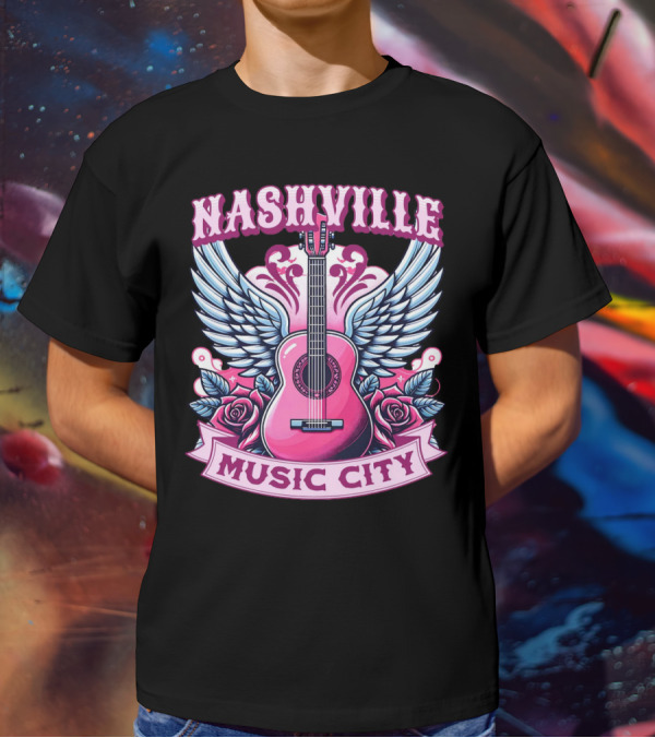 Nashville Music City Pink Guitar Wings Roses T-Shirt