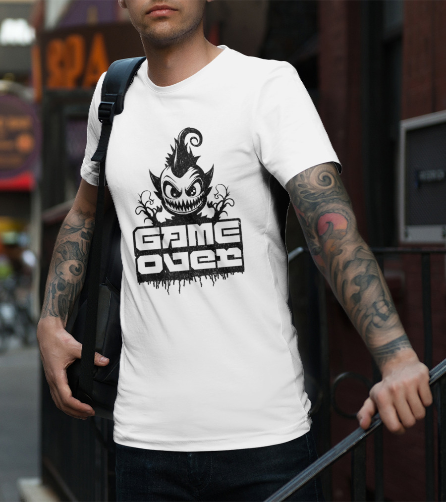GAME OVER Creepy Monster Icon With Sharp Teeth And Spiky Hair T-Shirt