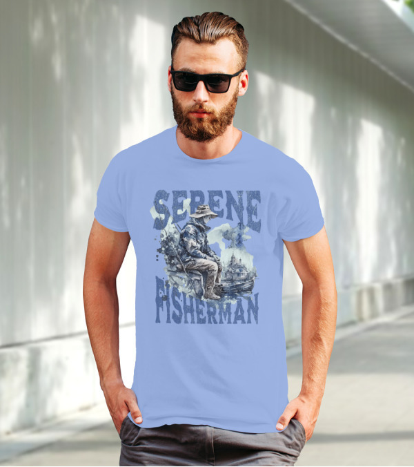Serene Fisherman In Tranquil Lakeside Town With Boat And Reflection T-Shirt