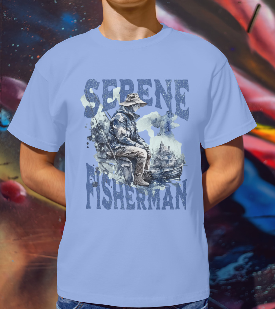 Serene Fisherman In Tranquil Lakeside Town With Boat And Reflection T-Shirt