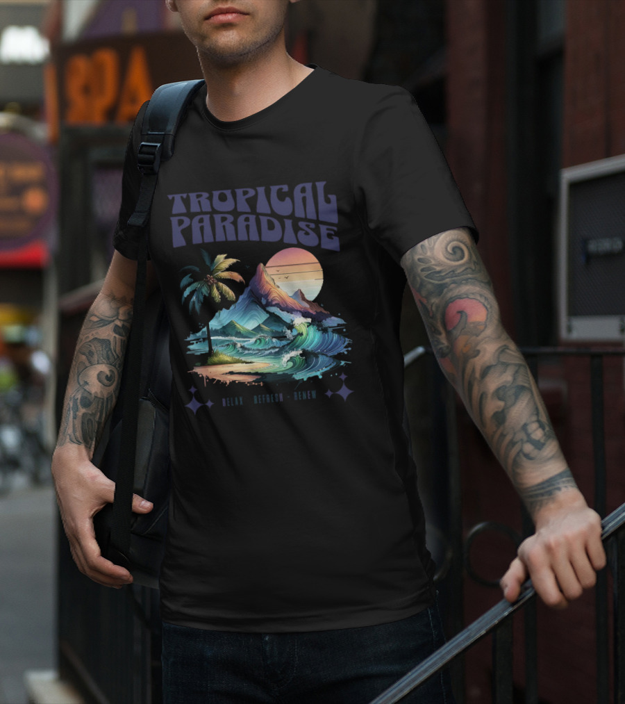 Tropical Paradise Palm Waves Island Horizon Sunset T-Shirt