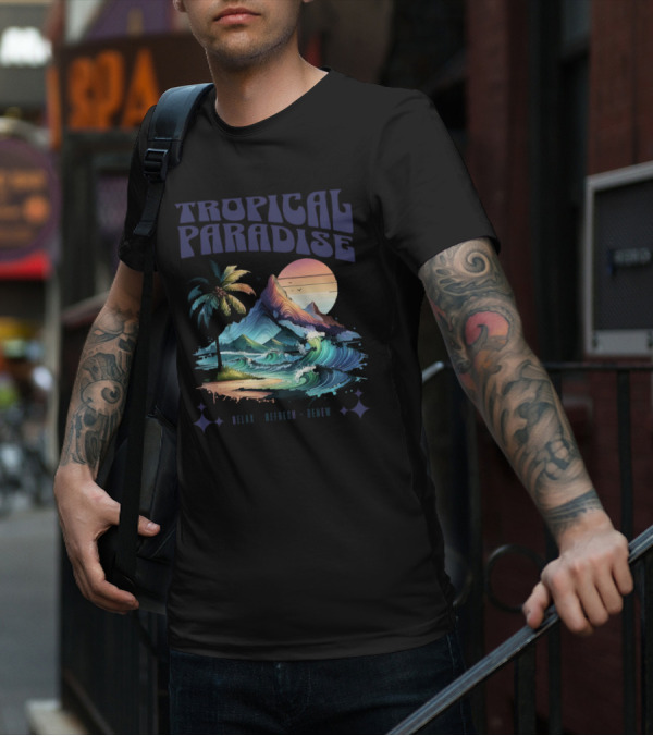Tropical Paradise Palm Waves Island Horizon Sunset T-Shirt