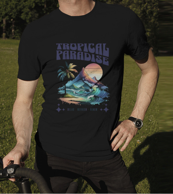 Tropical Paradise Palm Waves Island Horizon Sunset T-Shirt