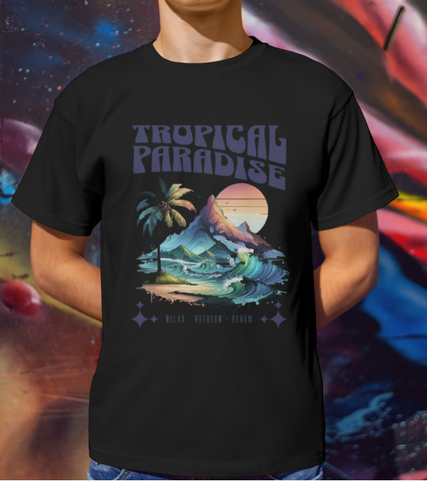 Tropical Paradise Palm Waves Island Horizon Sunset T-Shirt