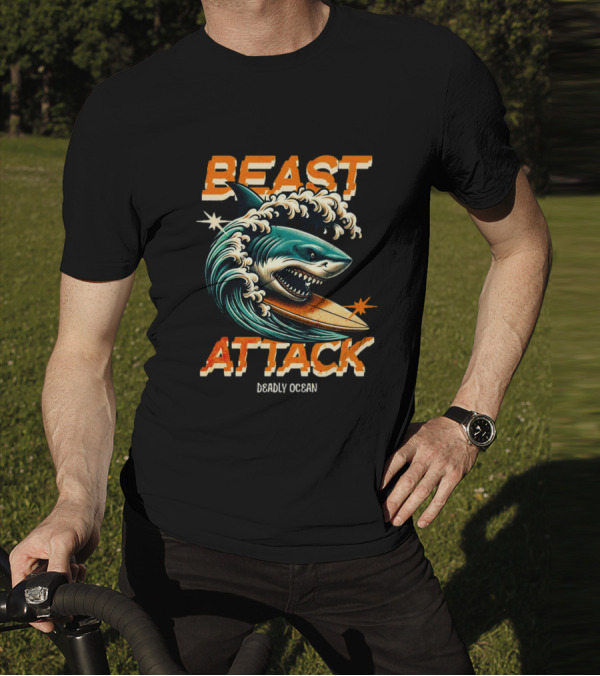 Beast Attack Deadly Ocean Shark Wave Surfboard T-Shirt