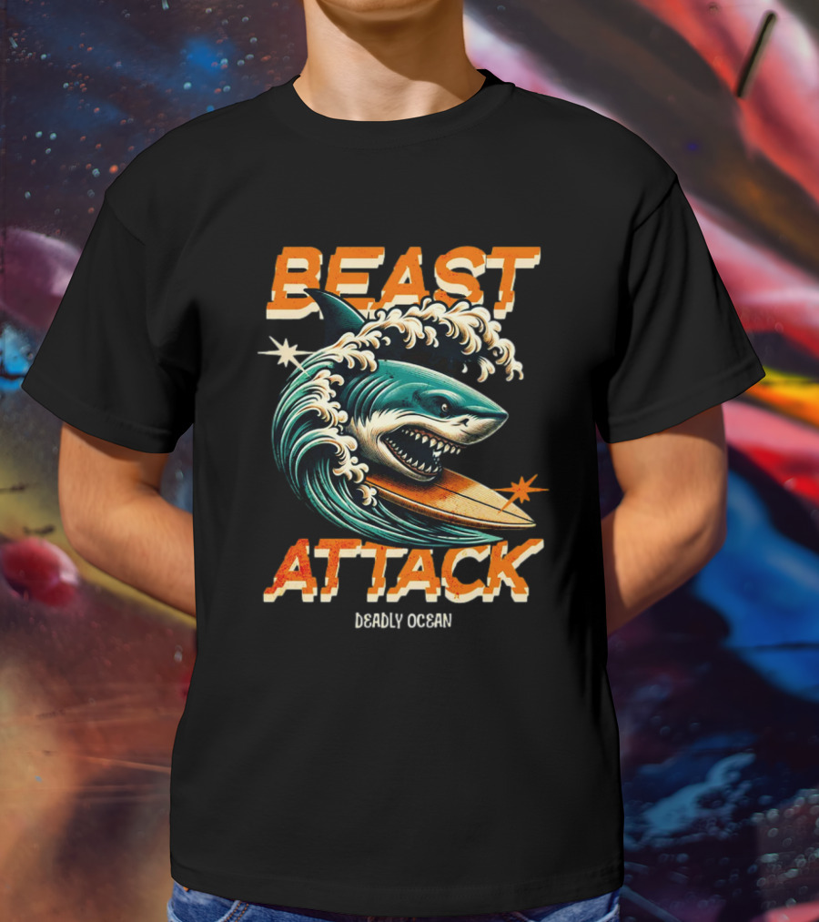 Beast Attack Deadly Ocean Shark Wave Surfboard T-Shirt