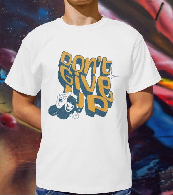 DON'T GIVE UP Retro Cartoon Hand Gesture Text T-Shirt